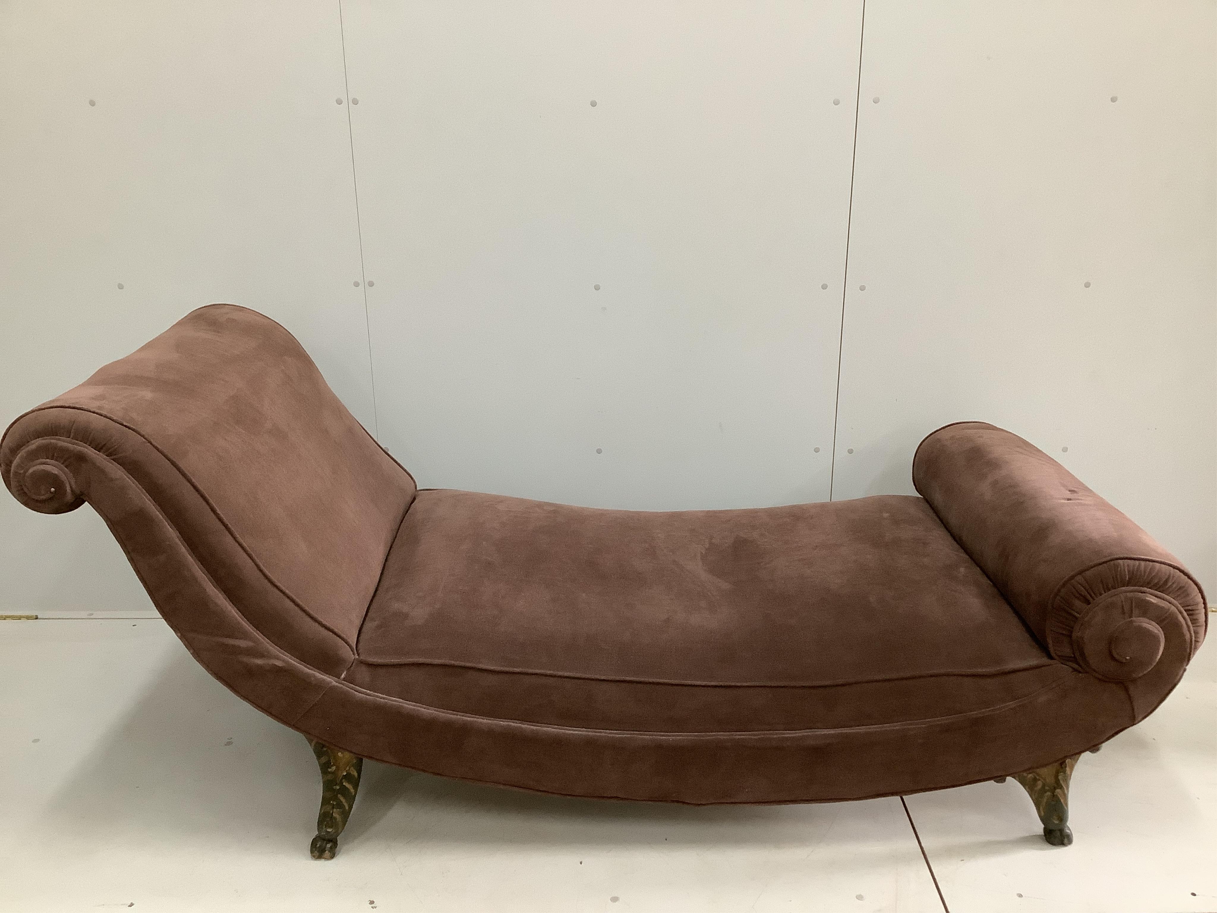 A 19th century moleskin covered scroll end chaise longue, width 200cm, depth 86cm, height 90cm. Condition - fair